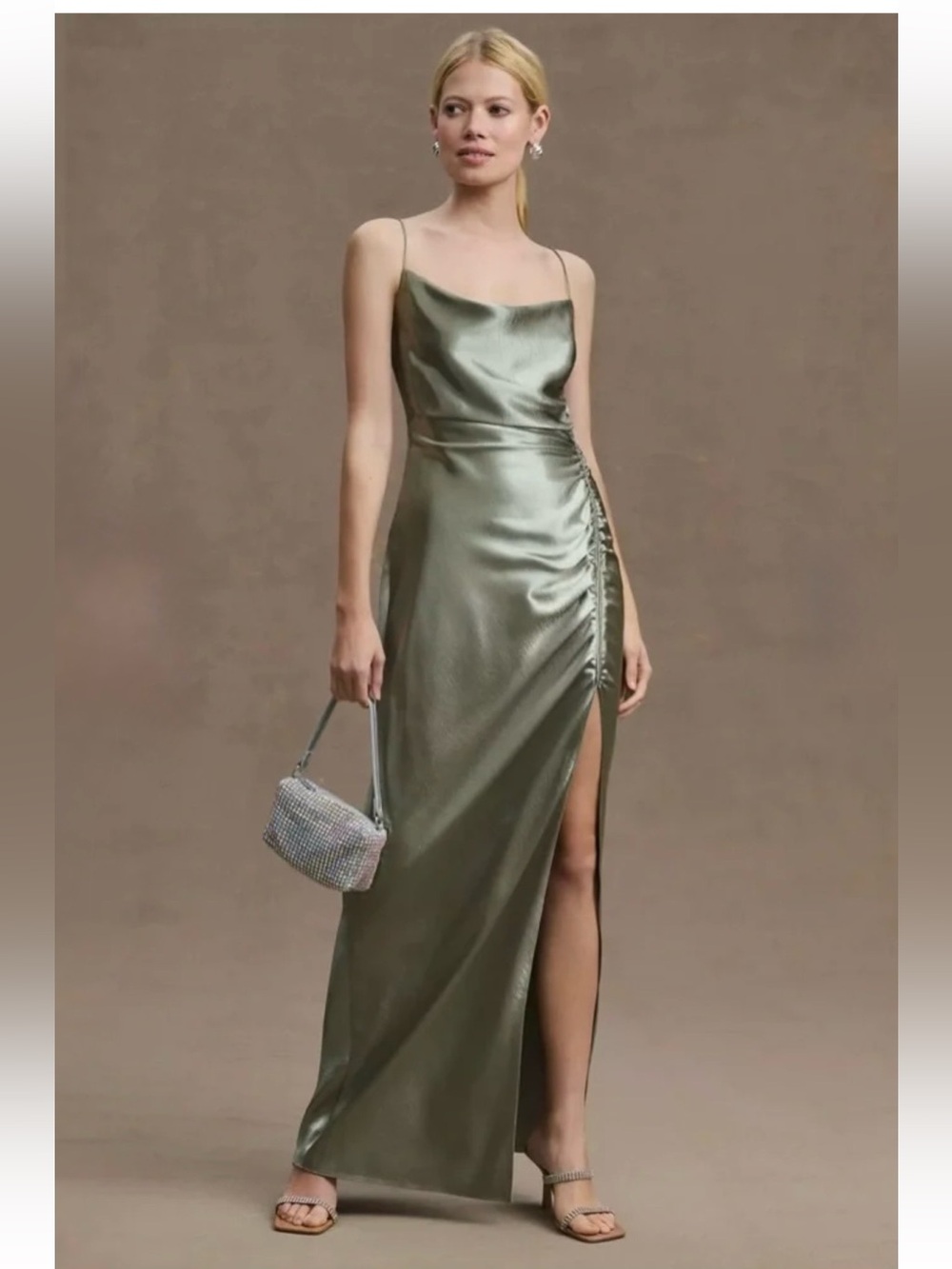 Jennings Ruched Hammered Satin Side-Slit Gown Sachin + Babi